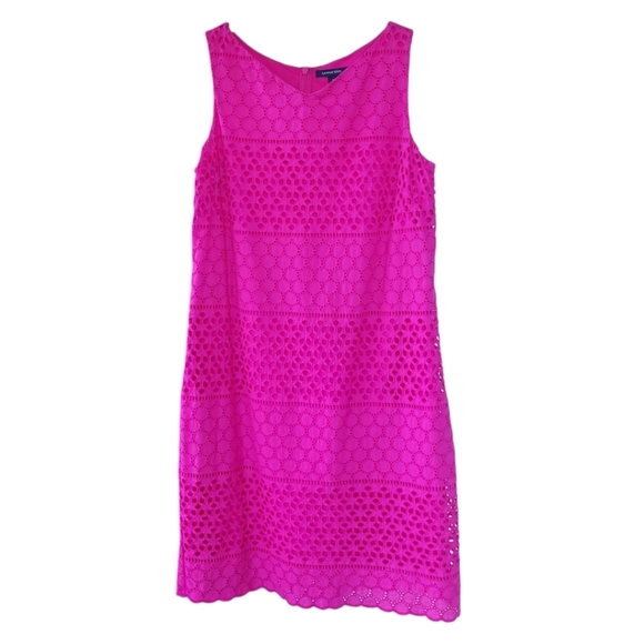 LANDS END Sz 8 Sleeveless Eyelet Shift Dress Cotton Preppy Fully Lined Pink - Picture 3 of 12